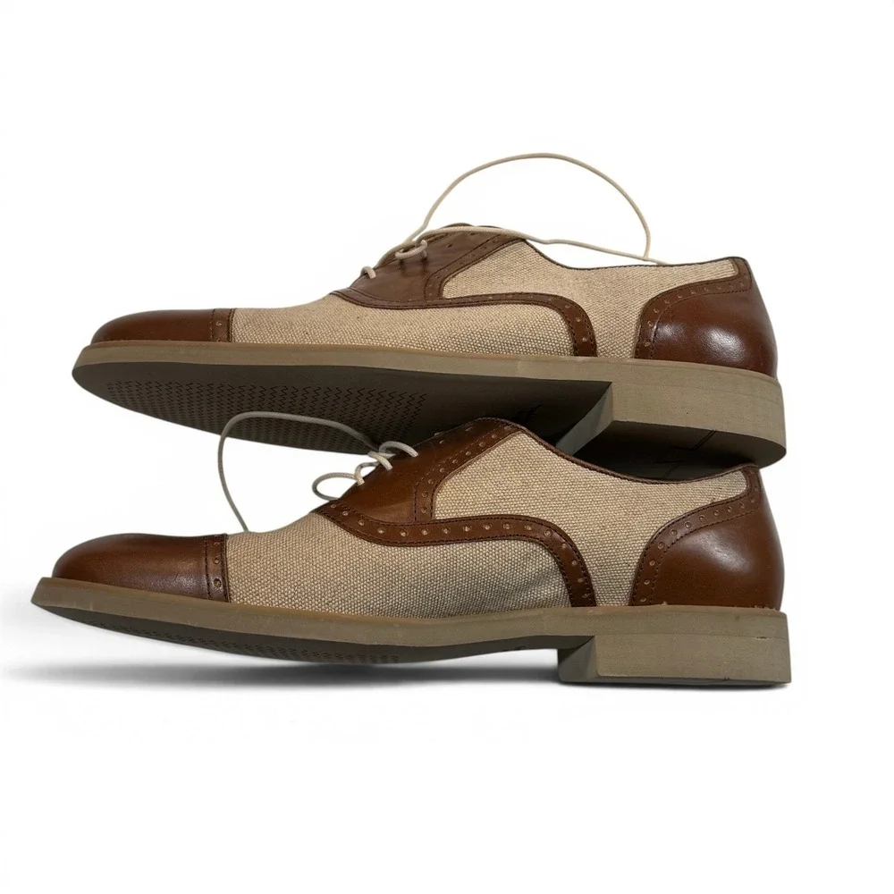 Johnston & Murphy Two Tone Cap Toe Oxford Shoes Men 9.5 M Tan Leather Canvas New
